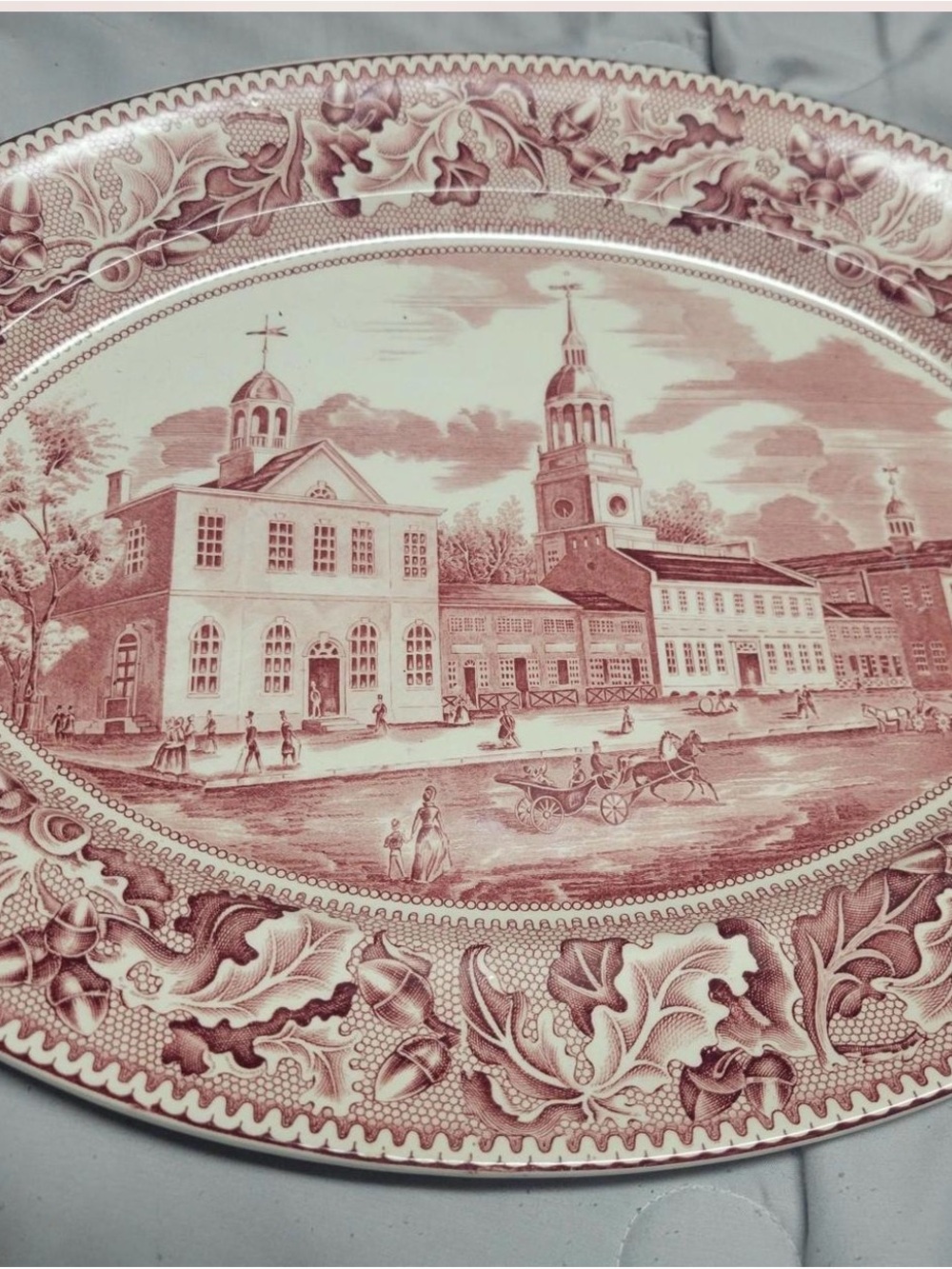Red Transferware Decorative Serving Platter with Historic Scene